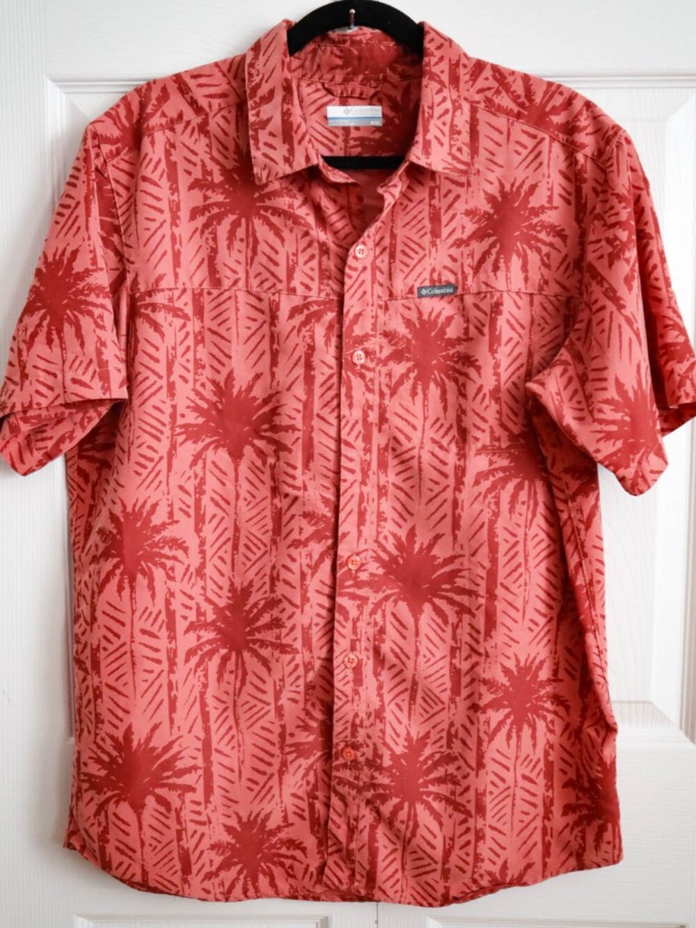 Columbia Camp Modal Button Up Shirt Hawaiian Print Palm Tree Tiki Red Men's Sz M